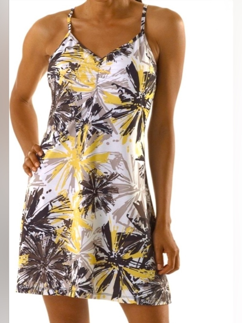 prAna Sonjia Yellow Black Abstract Floral Strappy Back Mini Dress XS